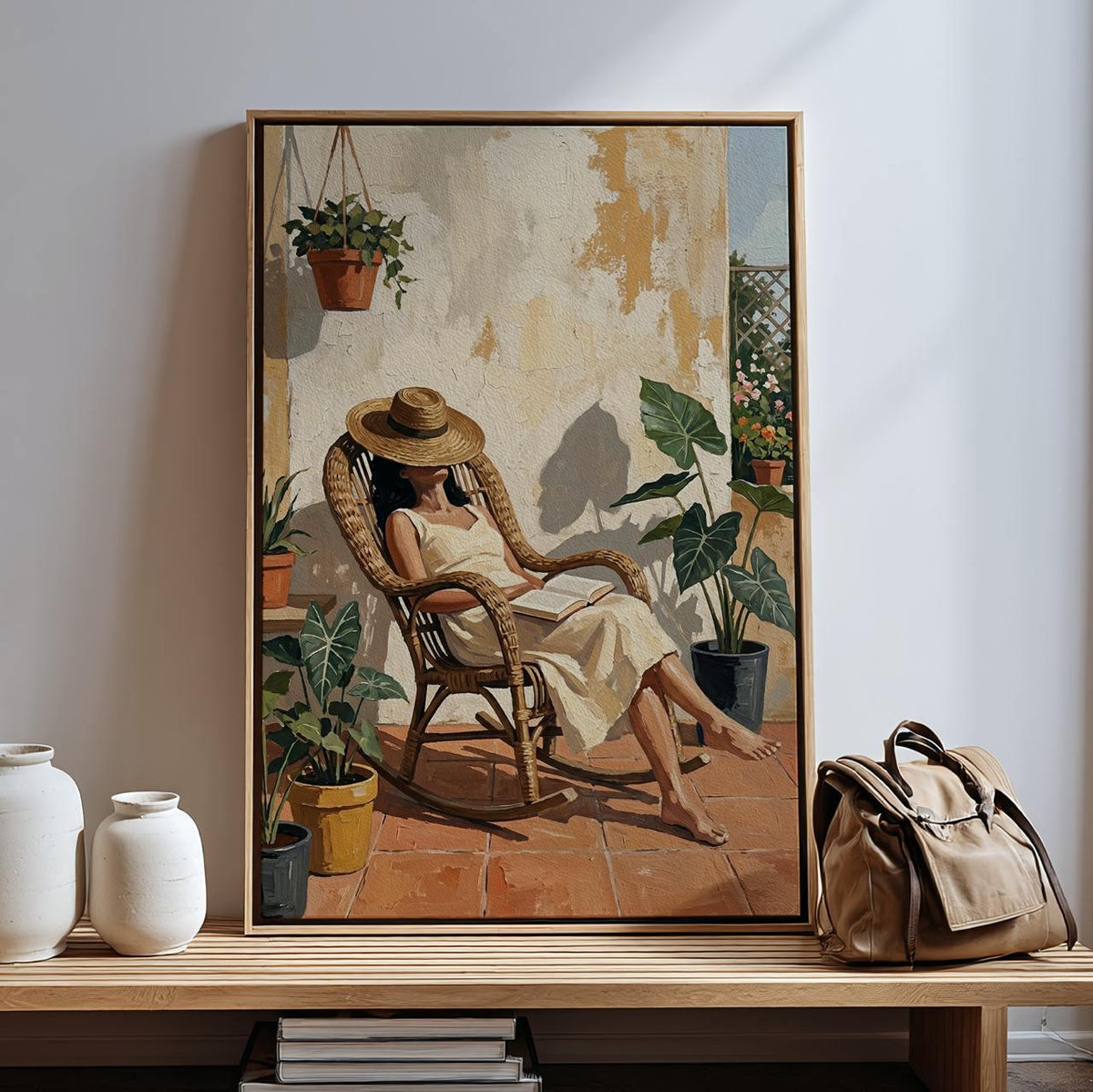 Terracotta Woman Reading Painting, Minimalist Balcony Scene Illustration, Cozy Book Lover Wall Art, ART353