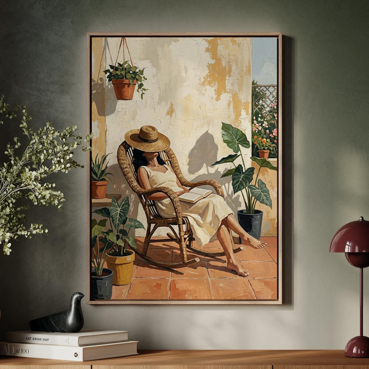 Terracotta Woman Reading Painting, Minimalist Balcony Scene Illustration, Cozy Book Lover Wall Art, ART353