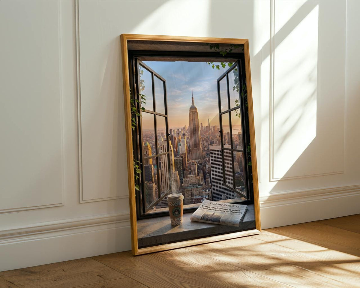 Open Window Manhattan View Print, New York City Skyline Wall Art, Urban Balcony Scene, Modern Retro Poster, ART337