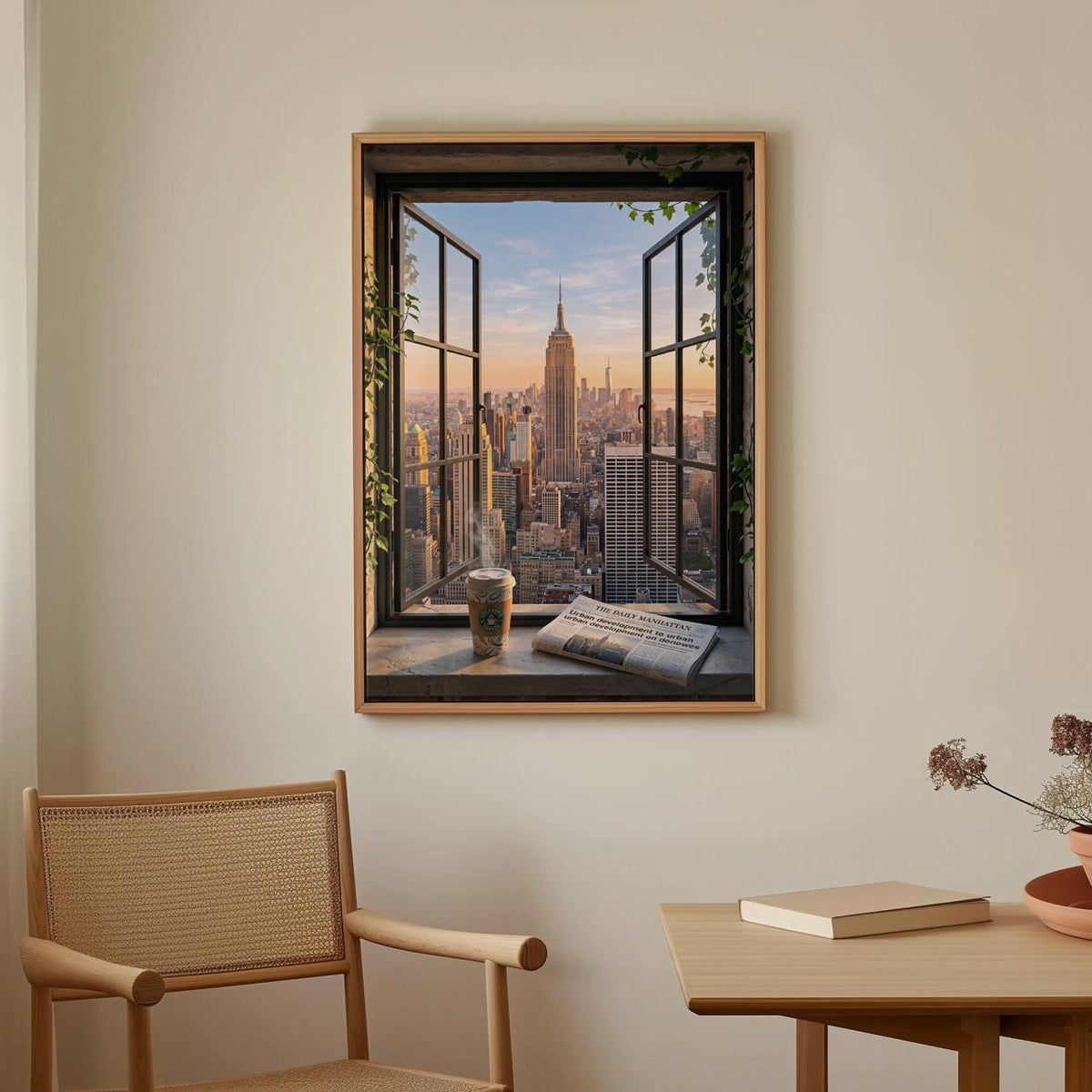 Open Window Manhattan View Print, New York City Skyline Wall Art, Urban Balcony Scene, Modern Retro Poster, ART337