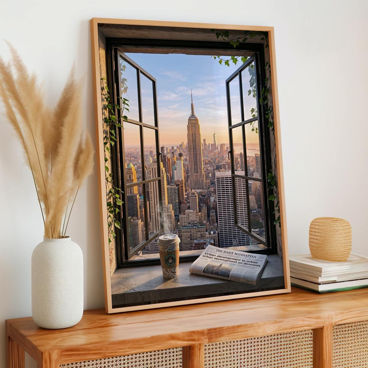Open Window Manhattan View Print, New York City Skyline Wall Art, Urban Balcony Scene, Modern Retro Poster, ART337