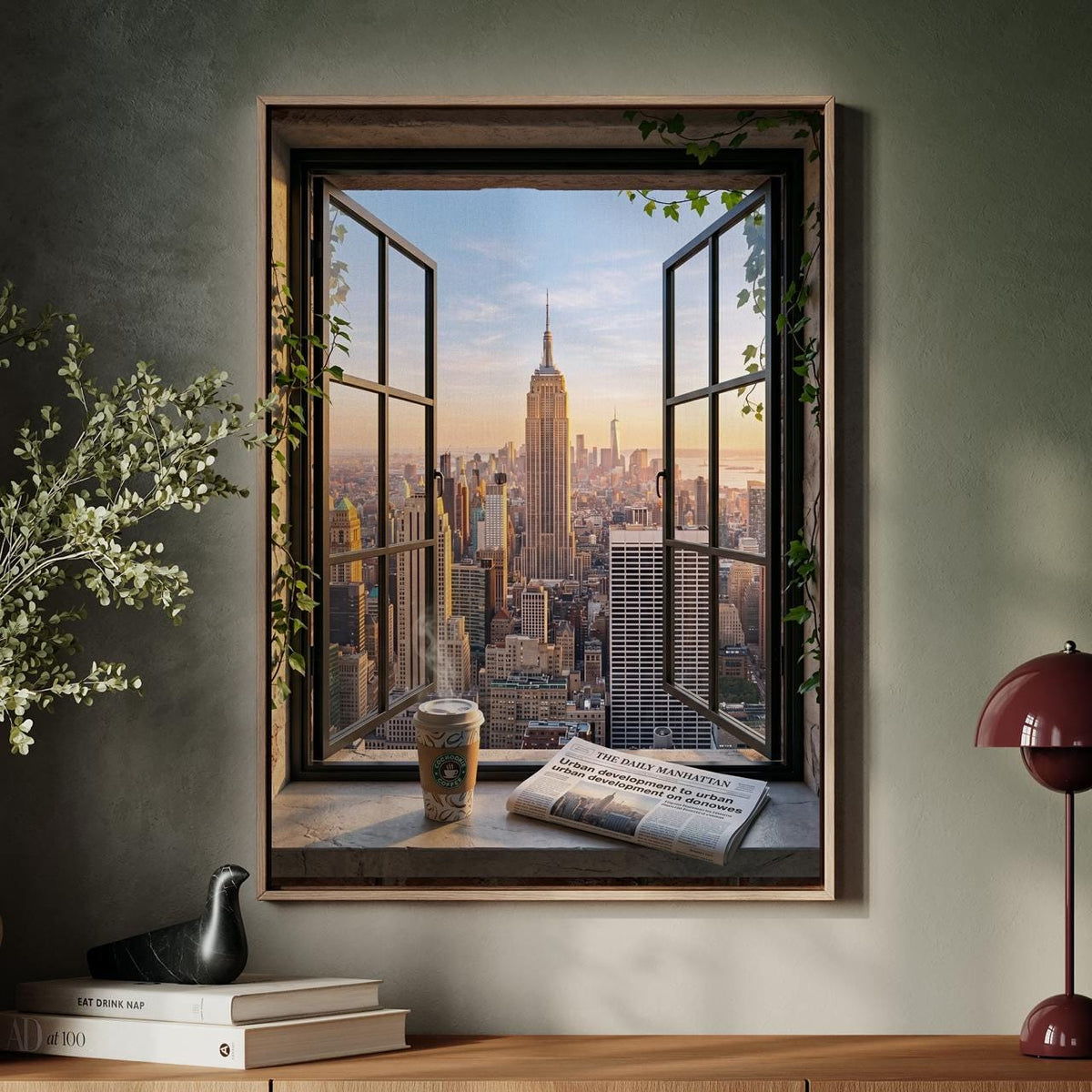 Open Window Manhattan View Print, New York City Skyline Wall Art, Urban Balcony Scene, Modern Retro Poster, ART337