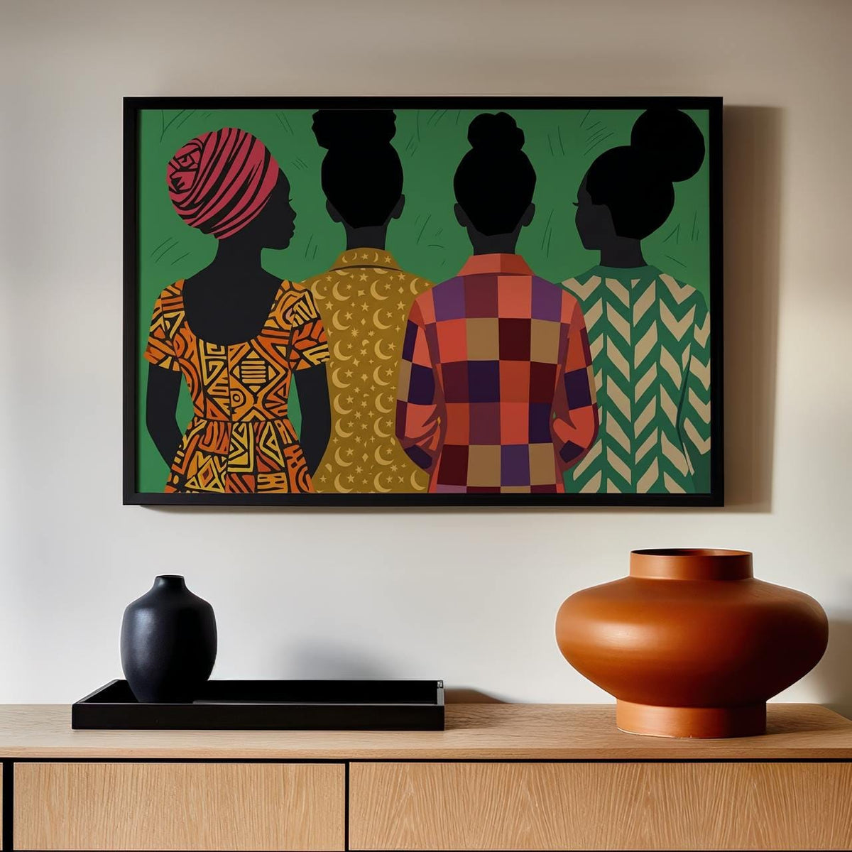 Modern Afro Female Figure Art Print, Afrocentric Boho Folk Art, Abstract Shapes, Maximalist Cultural Wall Decor, ART397