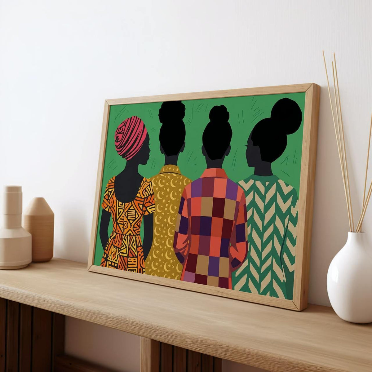 Modern Afro Female Figure Art Print, Afrocentric Boho Folk Art, Abstract Shapes, Maximalist Cultural Wall Decor, ART397