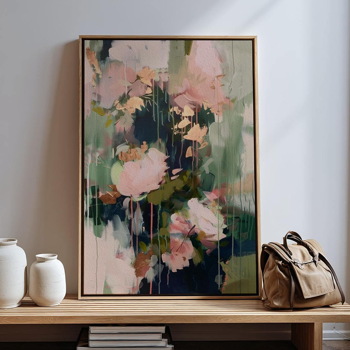 Abstract Floral Wall Art Print, Blush Pink and Sage Green Modern Shapes, Contemporary Living Room Decor, ART118