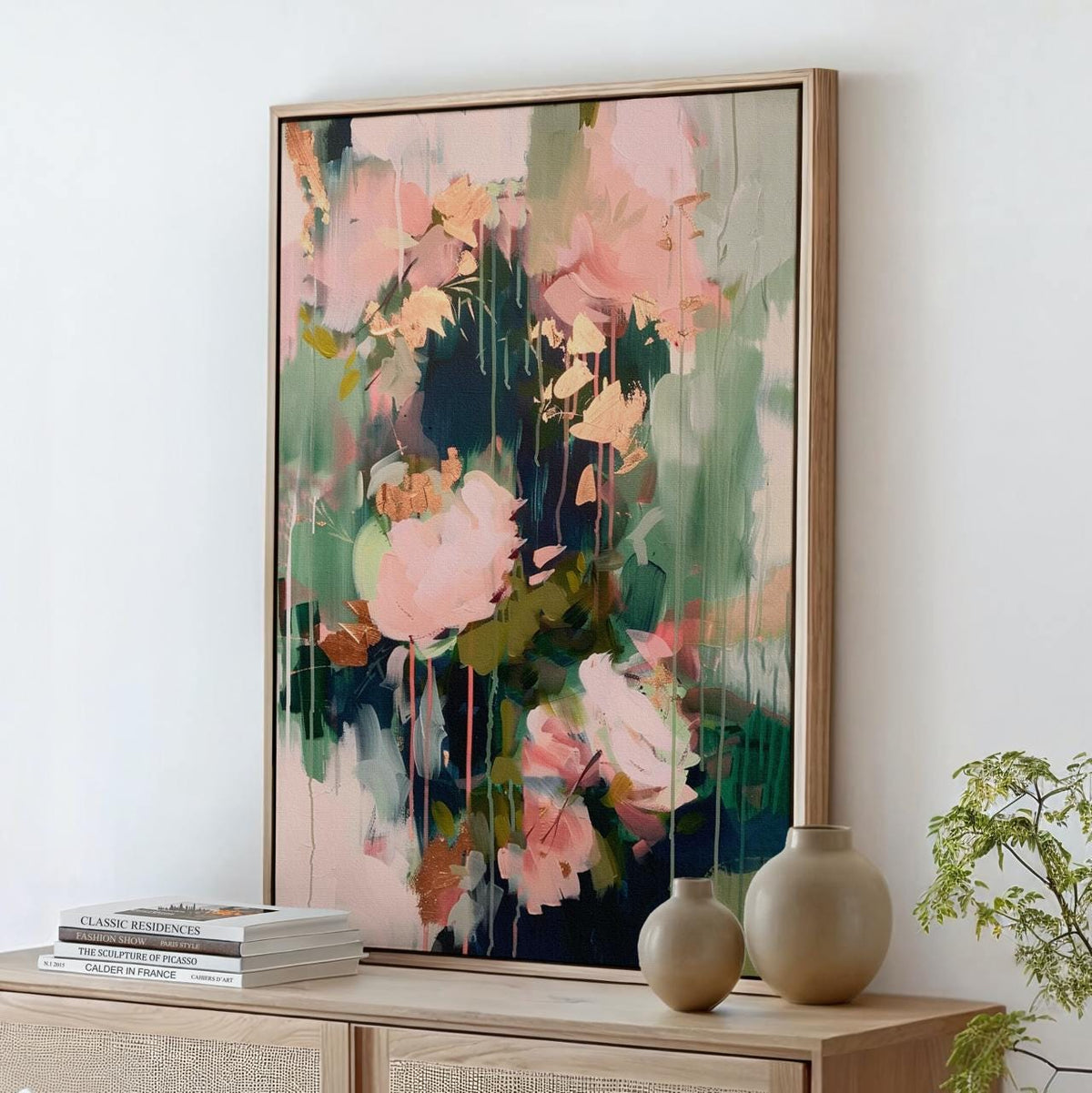 Abstract Floral Wall Art Print, Blush Pink and Sage Green Modern Shapes, Contemporary Living Room Decor, ART118