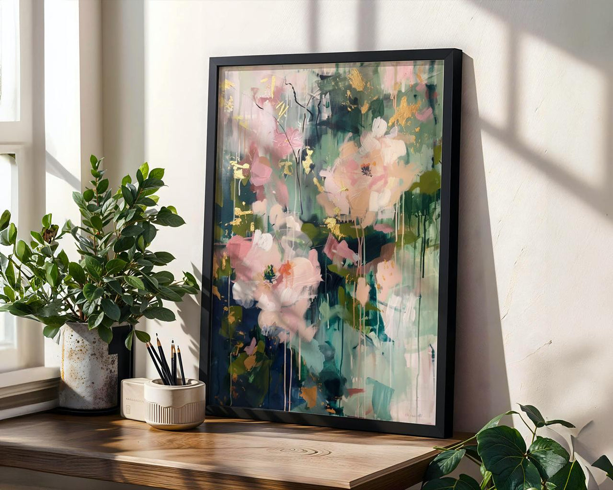 Abstract Botanical Wall Art, Soft Blush and Sage Green Print, Modern Shapes Artwork for Living Room, ART118
