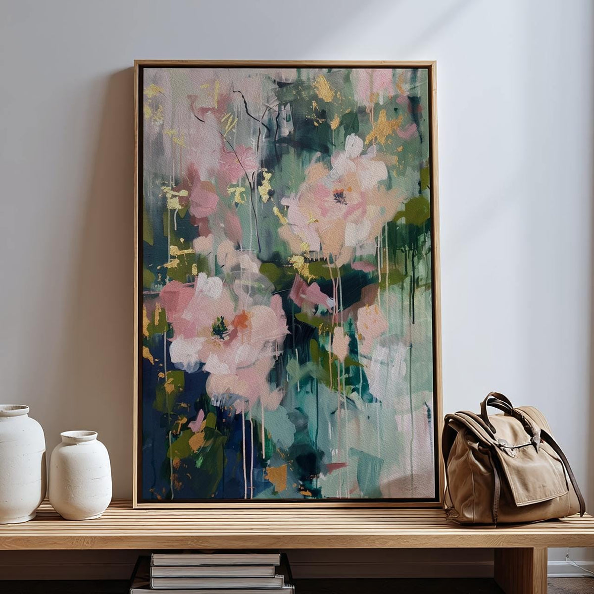Abstract Botanical Wall Art, Soft Blush and Sage Green Print, Modern Shapes Artwork for Living Room, ART118