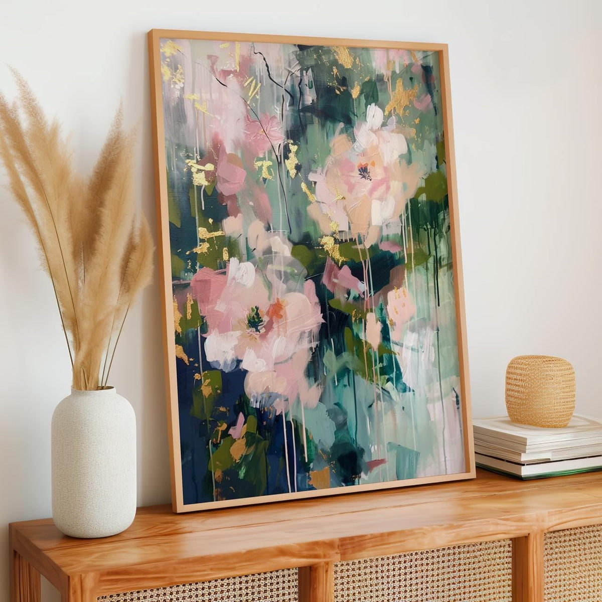 Abstract Botanical Wall Art, Soft Blush and Sage Green Print, Modern Shapes Artwork for Living Room, ART118