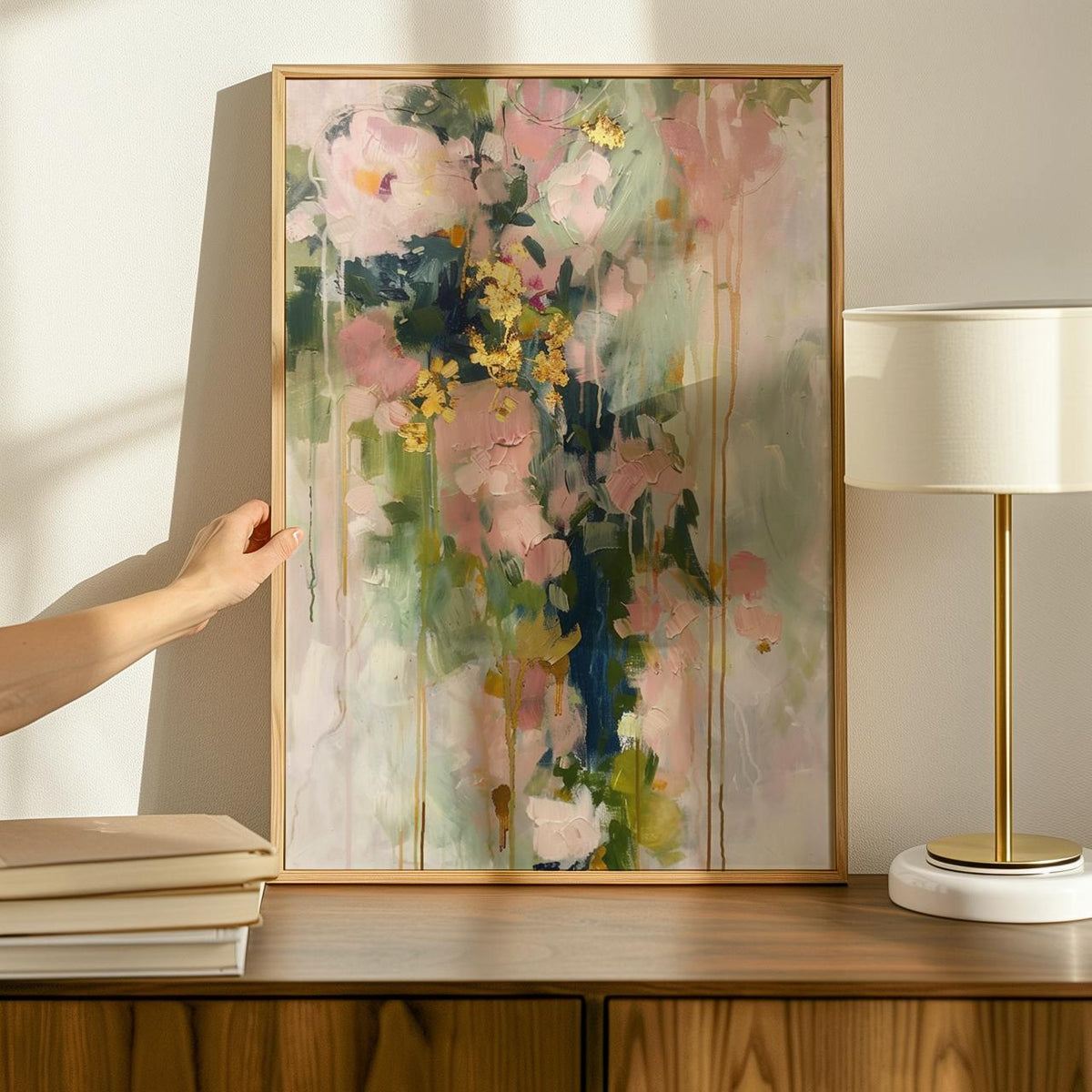 Modern Floral Shape Wall Art, Abstract Blush Pink and Green Print, Stylish Living Room Decor, ART118