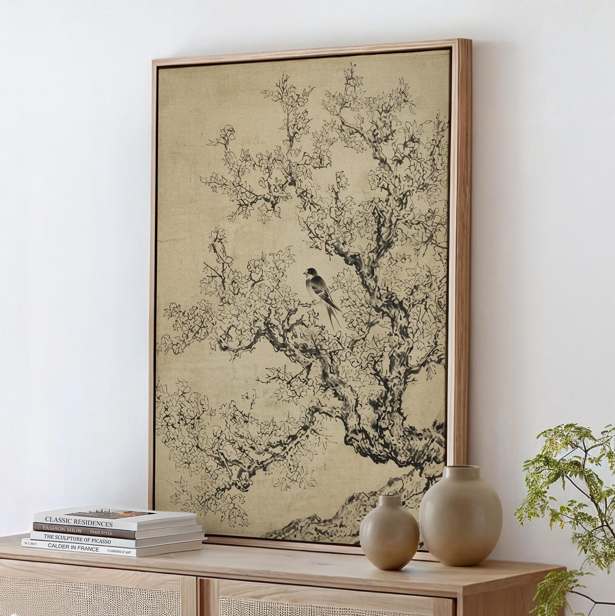 Minimalist Sage Green Cherry Blossom Print, Vintage Japanese Ink Sketch Wall Art, Antique Botanical Nature Poster, Flora