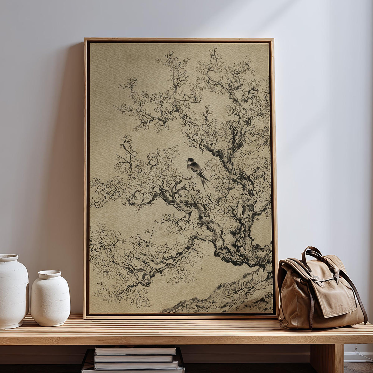 Minimalist Sage Green Cherry Blossom Print, Vintage Japanese Ink Sketch Wall Art, Antique Botanical Nature Poster, Flora
