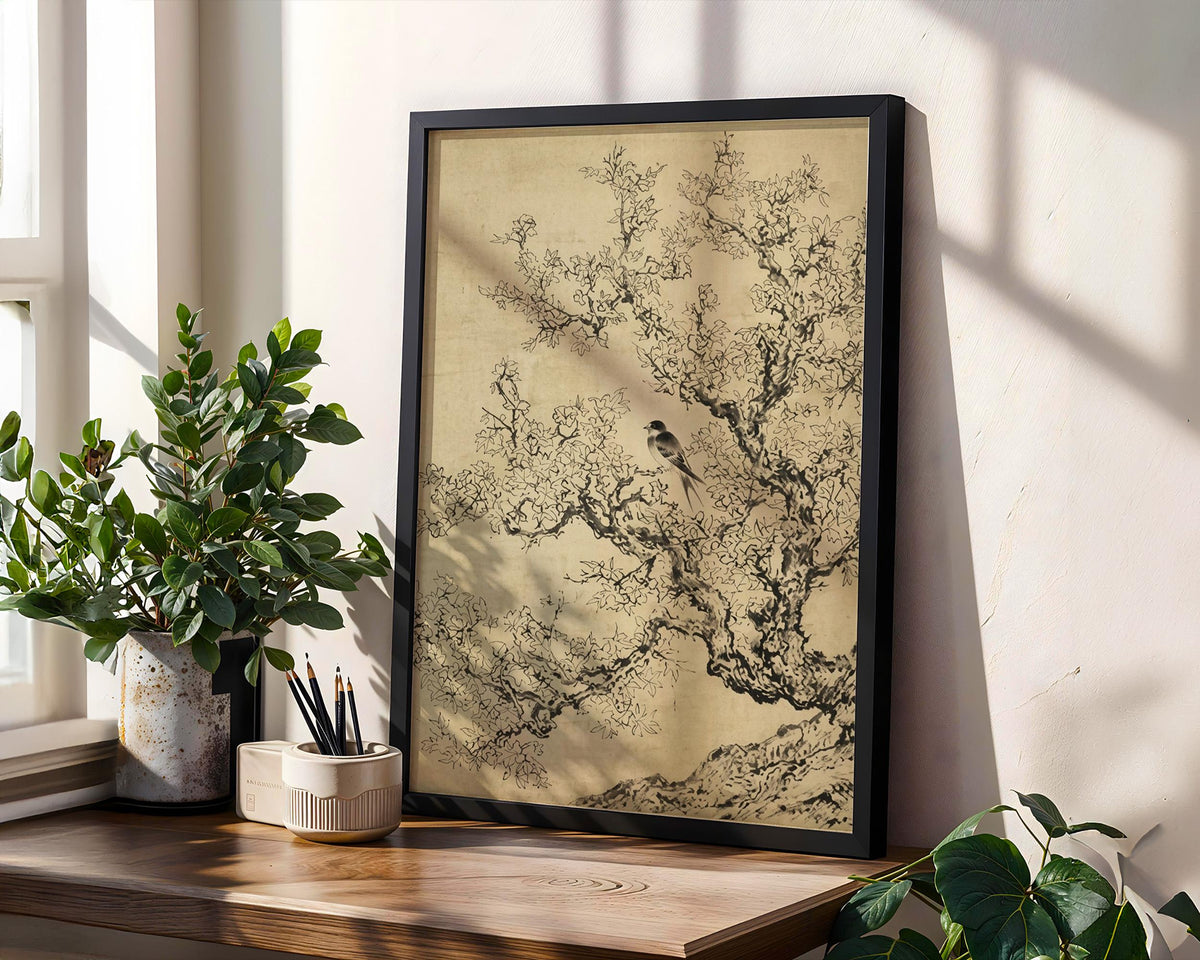 Minimalist Sage Green Cherry Blossom Print, Vintage Japanese Ink Sketch Wall Art, Antique Botanical Nature Poster, Flora