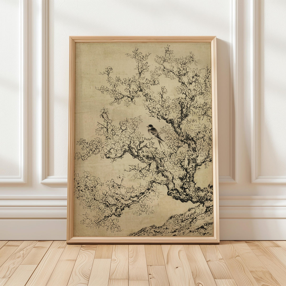 Minimalist Sage Green Cherry Blossom Print, Vintage Japanese Ink Sketch Wall Art, Antique Botanical Nature Poster, Flora