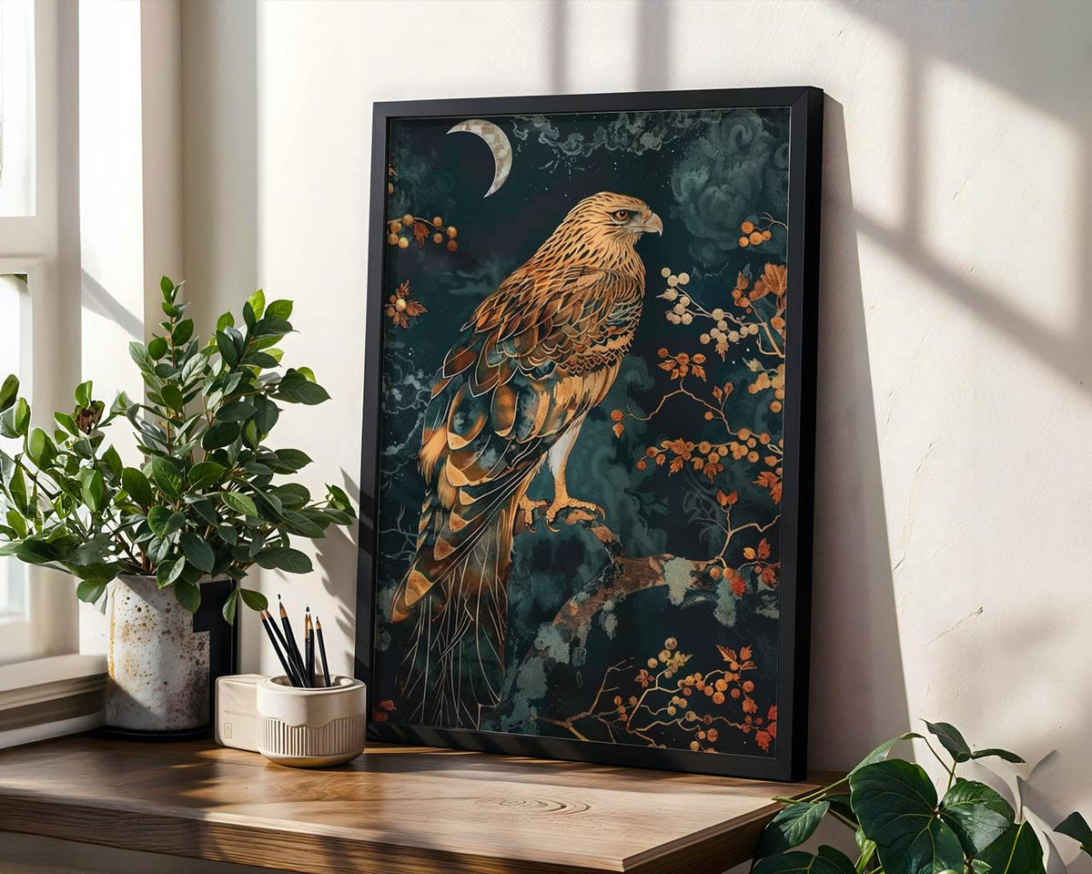 Hawk William Morris Wall Art Print or Canvas, Vintage Bird Of Prey Gift, Cottagecore Dark Academia Decor, Mid Century Bo