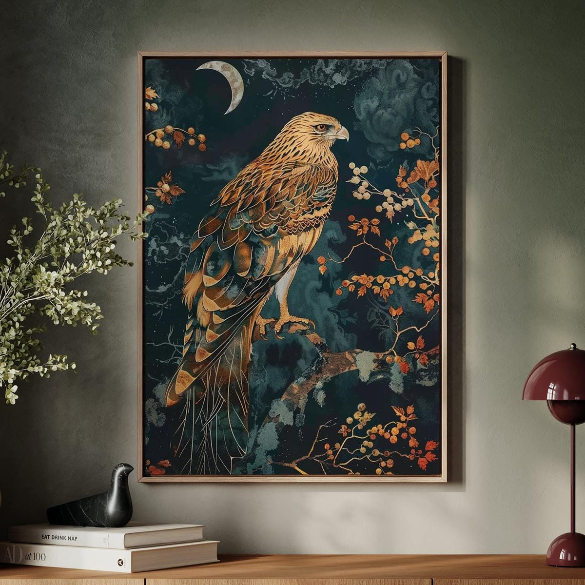 Hawk William Morris Wall Art Print or Canvas, Vintage Bird Of Prey Gift, Cottagecore Dark Academia Decor, Mid Century Bo