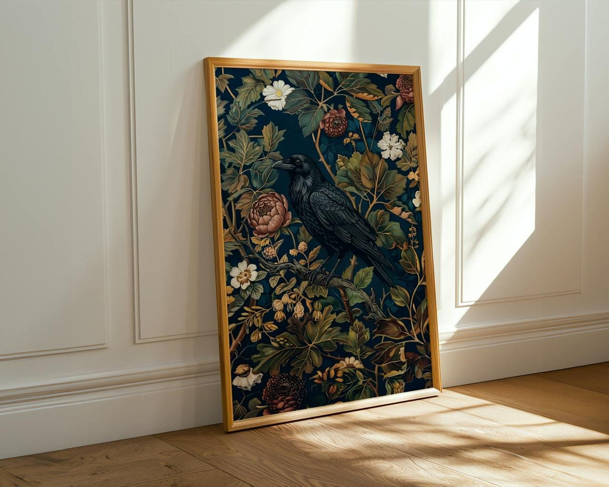 Black Crow William Morris Wall Art Print, Vintage Victorian Bird Poster, Cottagecore Dark Academia Decor, Mid Century Bo
