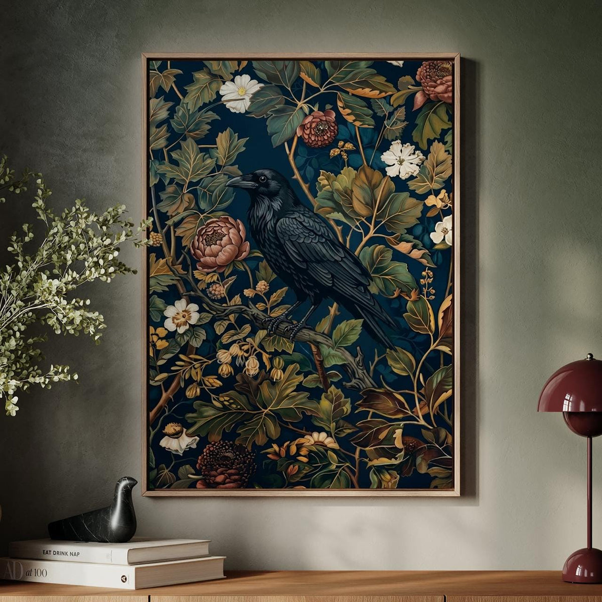 Black Crow William Morris Wall Art Print, Vintage Victorian Bird Poster, Cottagecore Dark Academia Decor, Mid Century Bo