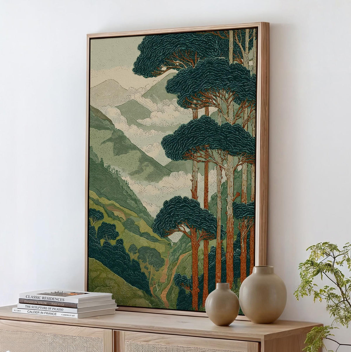 Japanese Style Forest and Mountain Landscape Print, Vintage Nature Wall Art, Tall Trees Over Rolling Hills for Living Ro