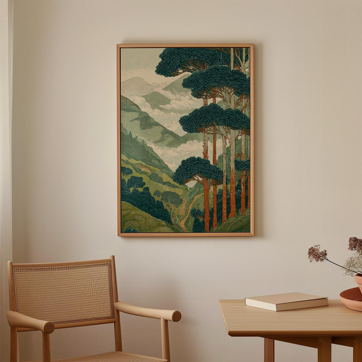 Japanese Style Forest and Mountain Landscape Print, Vintage Nature Wall Art, Tall Trees Over Rolling Hills for Living Ro