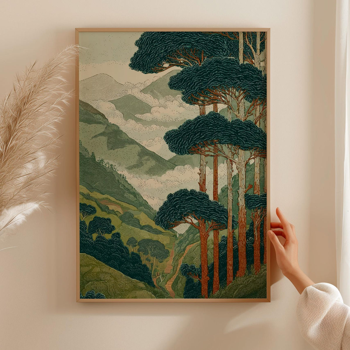 Japanese Style Forest and Mountain Landscape Print, Vintage Nature Wall Art, Tall Trees Over Rolling Hills for Living Ro