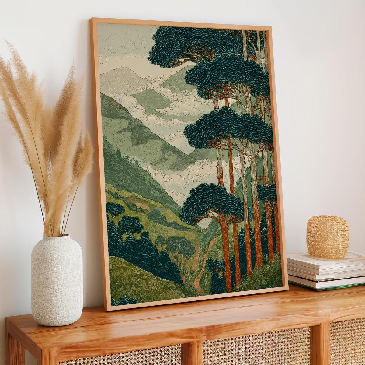 Japanese Style Forest and Mountain Landscape Print, Vintage Nature Wall Art, Tall Trees Over Rolling Hills for Living Ro