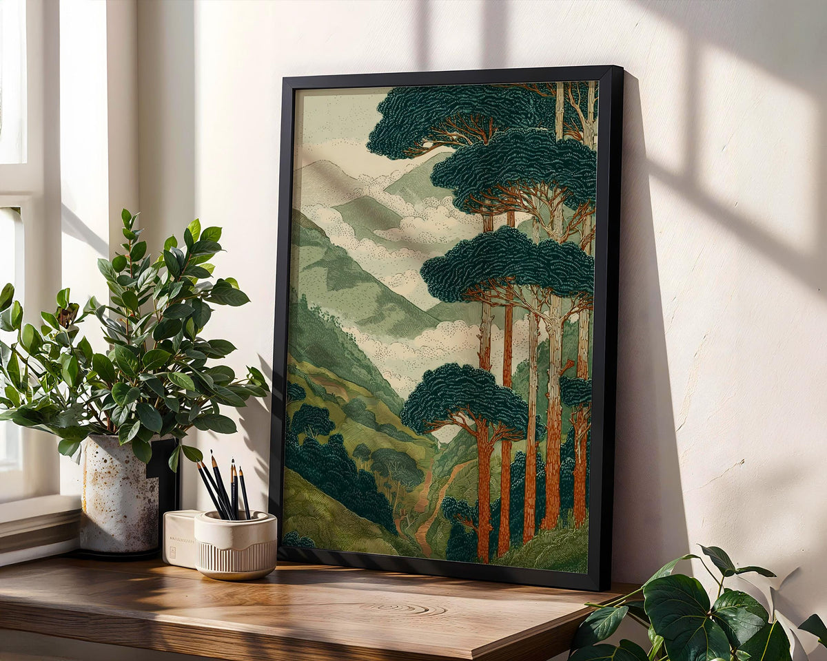 Japanese Style Forest and Mountain Landscape Print, Vintage Nature Wall Art, Tall Trees Over Rolling Hills for Living Ro