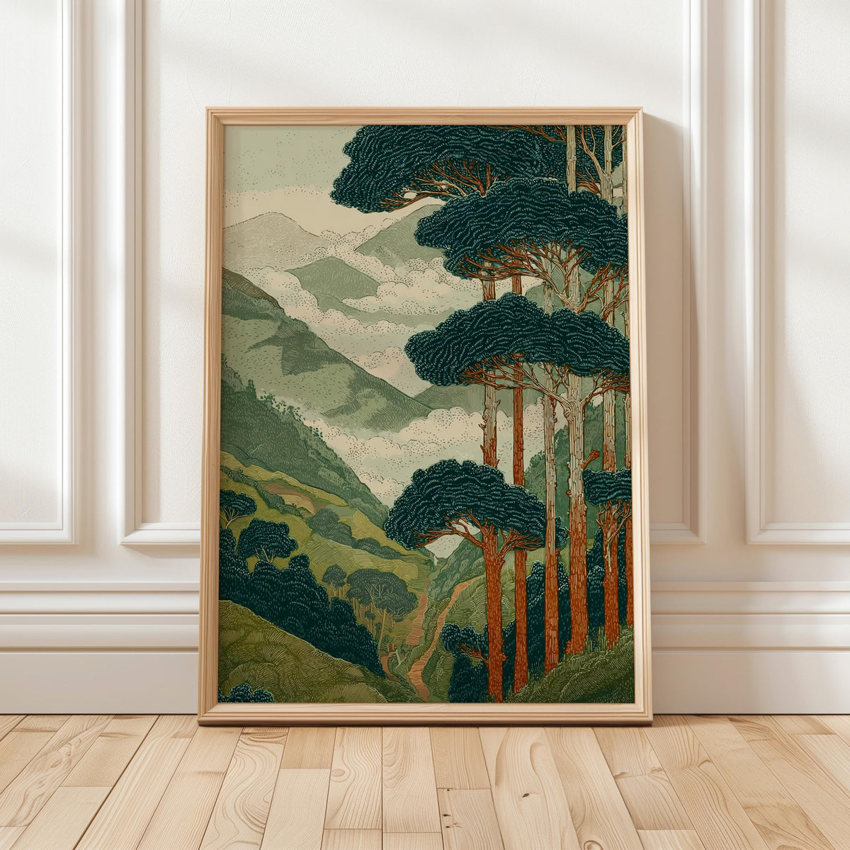 Japanese Style Forest and Mountain Landscape Print, Vintage Nature Wall Art, Tall Trees Over Rolling Hills for Living Ro