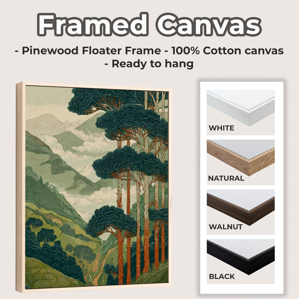 Japanese Style Forest and Mountain Landscape Print, Vintage Nature Wall Art, Tall Trees Over Rolling Hills for Living Ro