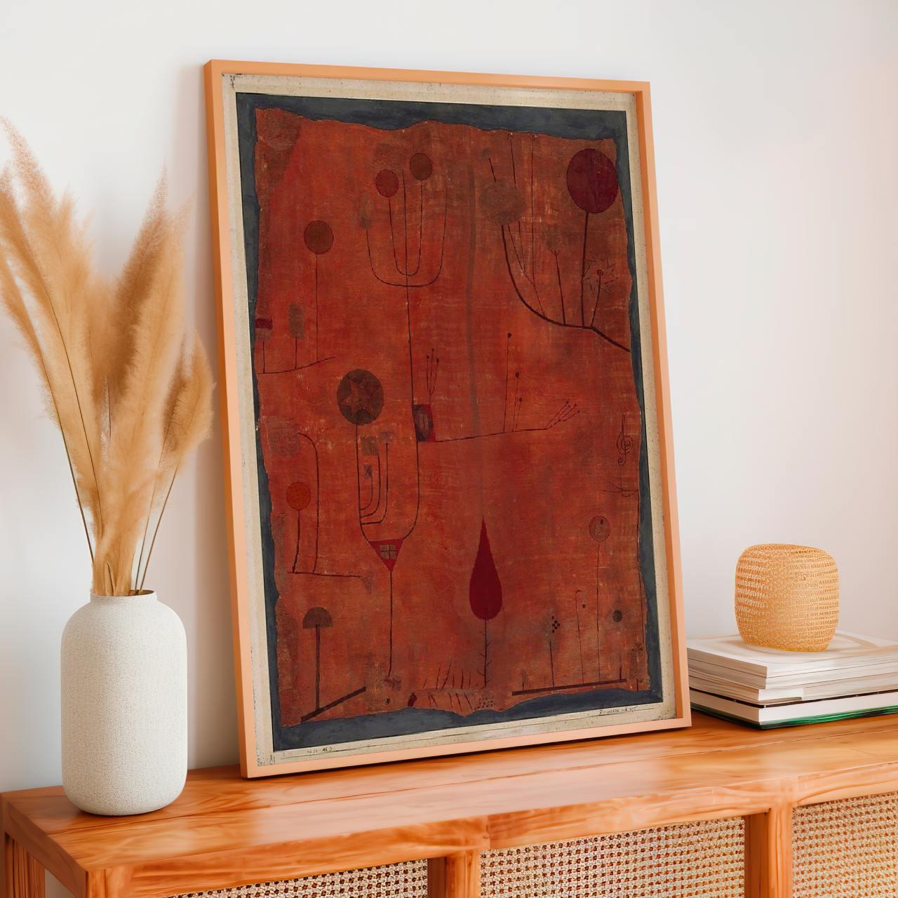 Paul Klee, Fruits on Red - abstract wall art, modern still life print, giclee canvas, Bauhaus decor, red contemporary po