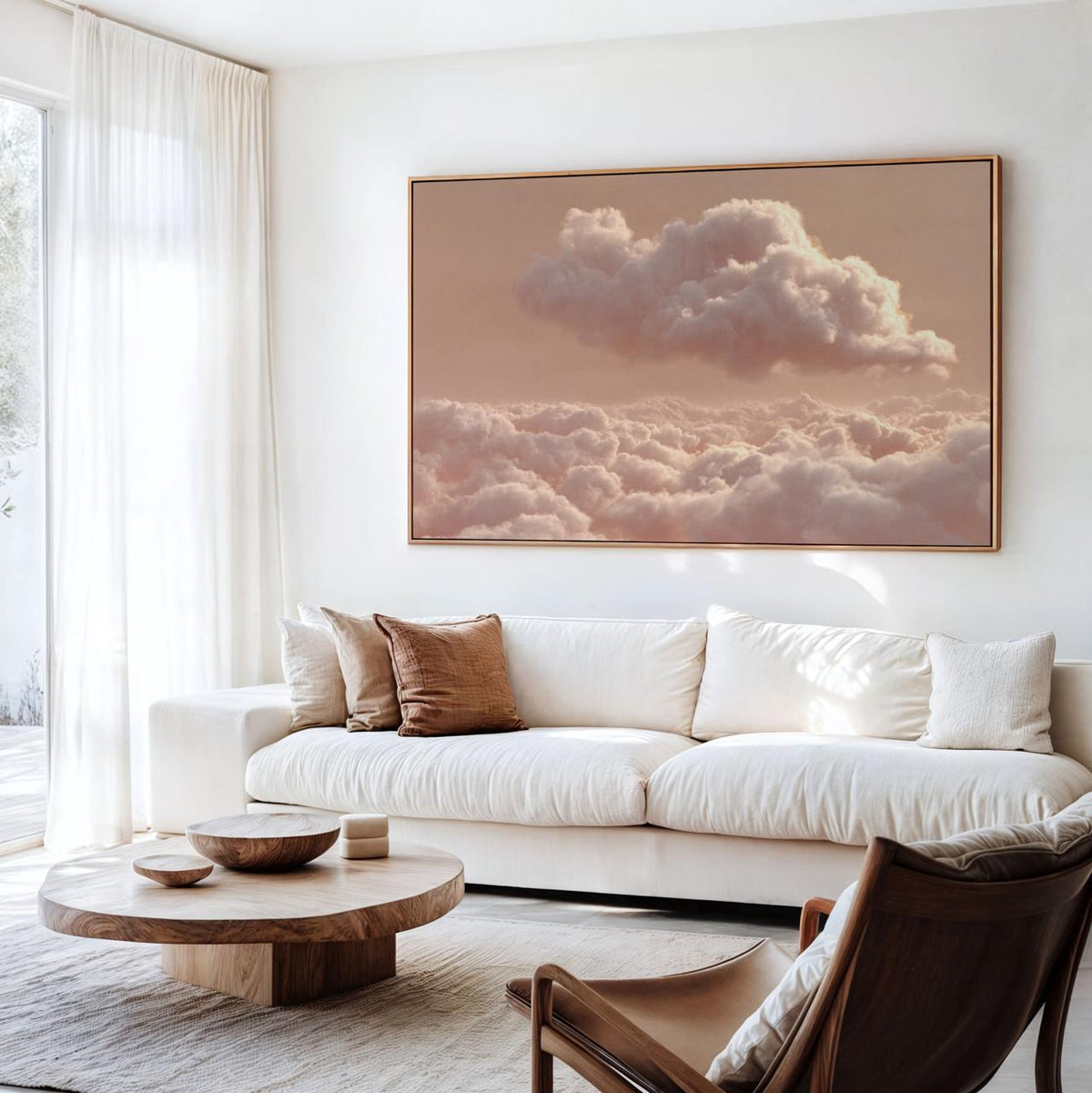 Framed Neutral Beige Pink Clouds Wall Art, Large Minimalist Landscape Canvas Print, Abstract Zen Decor For Living Room B