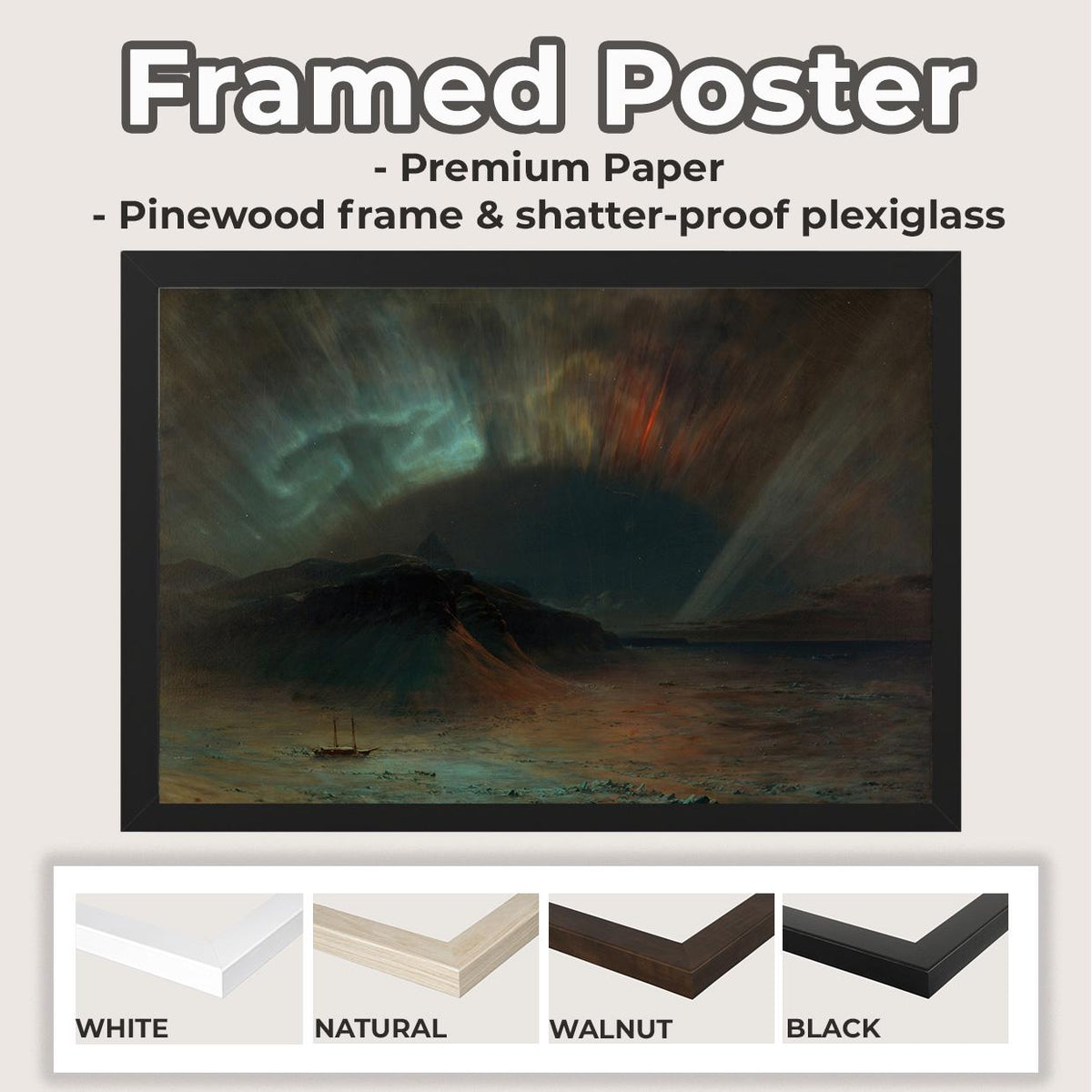 Frederic Edwin Church - Aurora Borealis. Canvas art, Northern lights art, Print on canvas, Ready to hang, Dark landscape