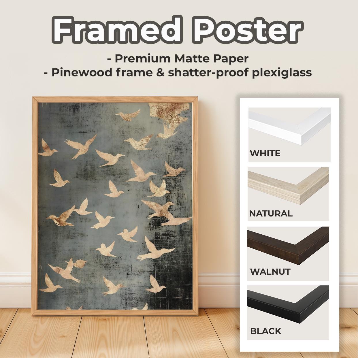 Flock of Flying Birds Framed Canvas Wall Art Print, Minimalist Spiritual Home Decor, Modern Japandi Artwork Large Abstra