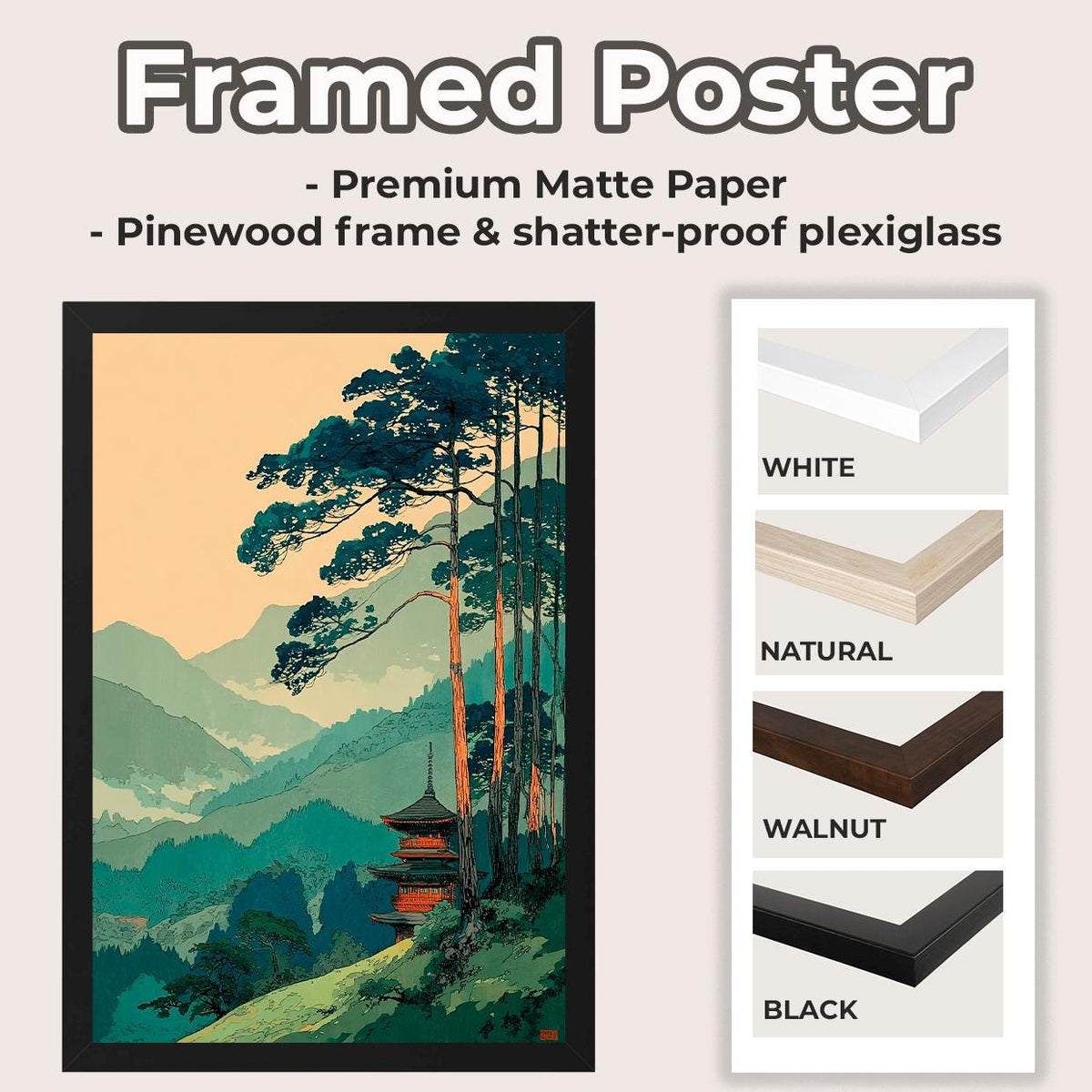 Vintage Japanese Forest Poster, Tranquil Mountain Landscape Wall Art, Retro Tree Print, Serene Minimalist Home Decor, AR