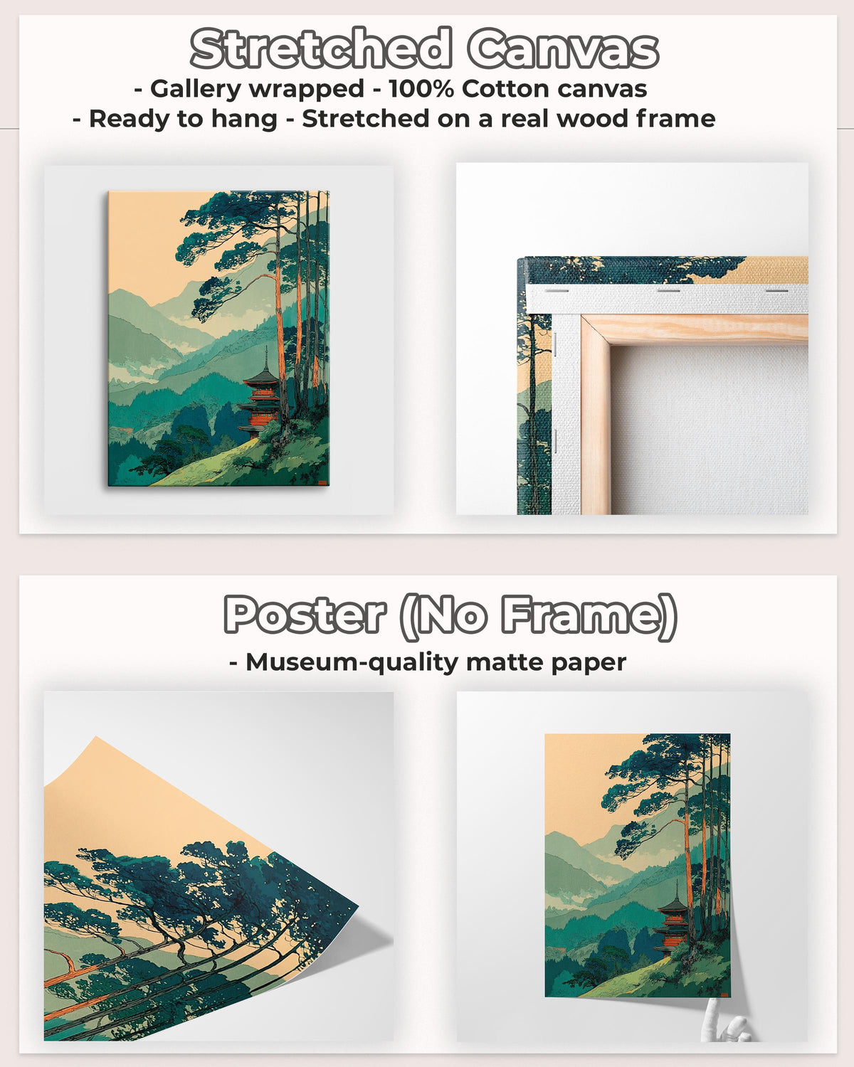 Vintage Japanese Forest Poster, Tranquil Mountain Landscape Wall Art, Retro Tree Print, Serene Minimalist Home Decor, AR