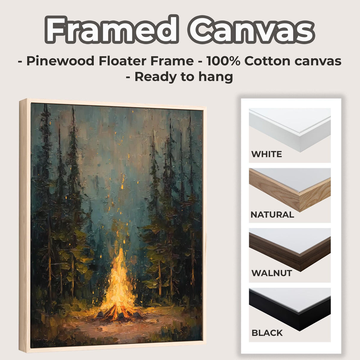 Rustic Campfire Oil Painting, Moody Pine Tree Poster Print, Camping Theme Wall Art, Cabin Wall Decor, Vintage Forest Pai