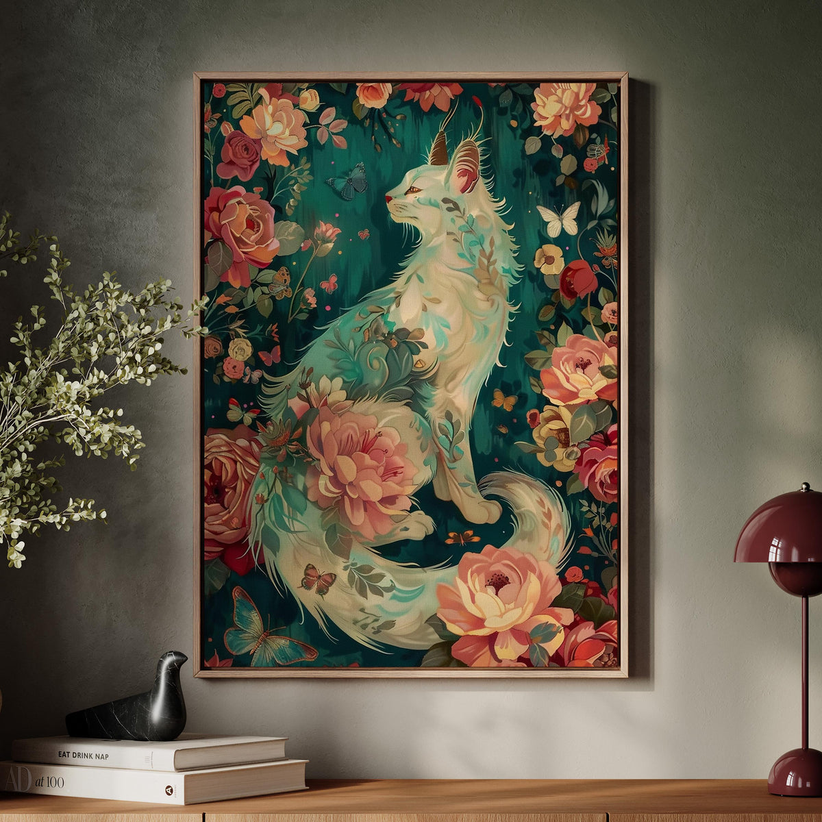 Cat in Flowers Wall Art, Fantasy Creature Print, Whimsical Feline Illustration, Magical Fairytale Nursery Decor, ART140