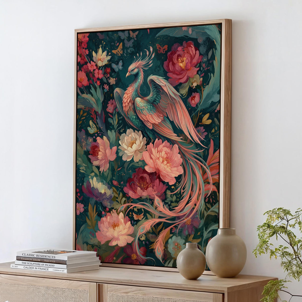 Floral Phoenix Wall Art, Fantasy Creature Print, Whimsical Phoenix in Flowers, Colorful Fairytale Illustration, Magical 