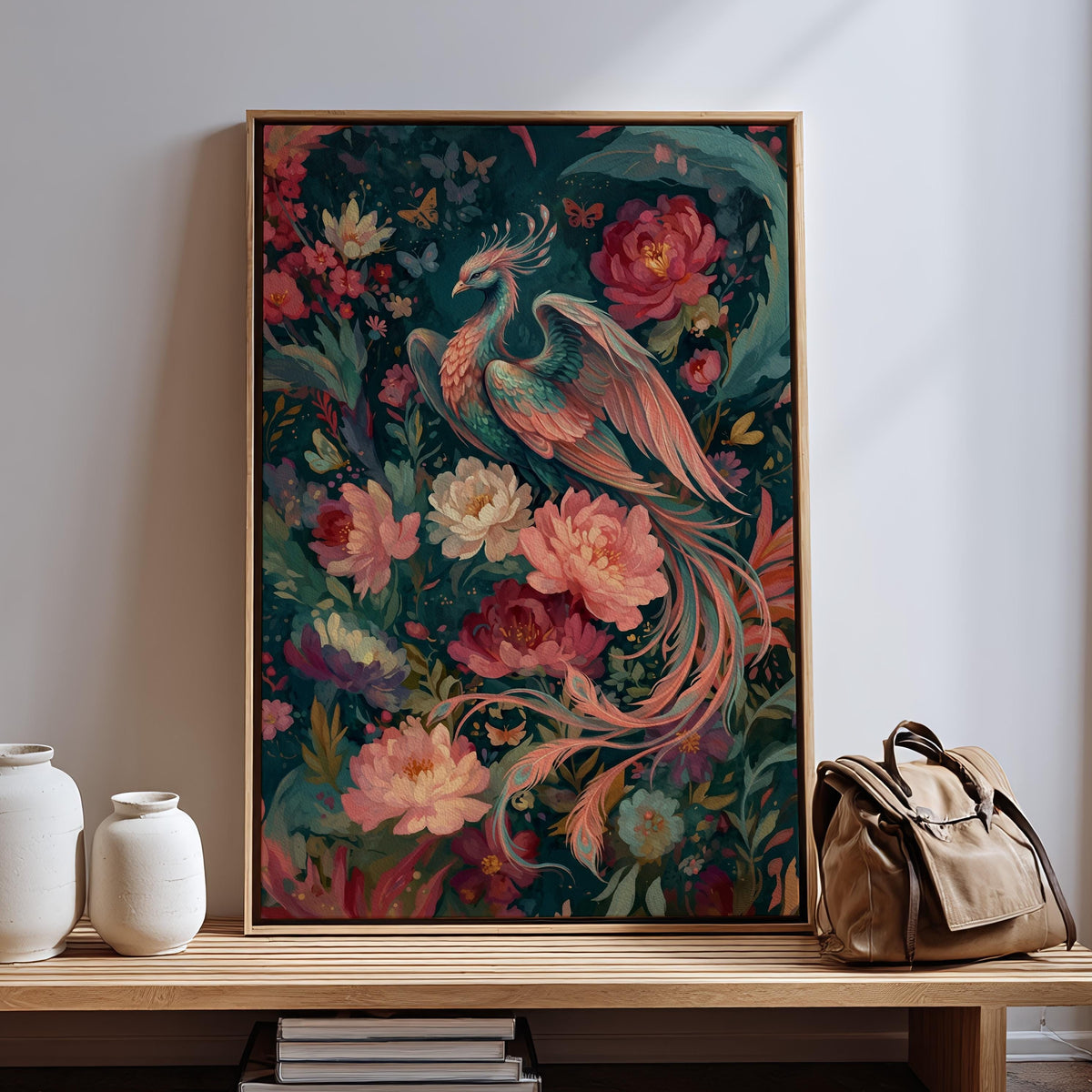 Floral Phoenix Wall Art, Fantasy Creature Print, Whimsical Phoenix in Flowers, Colorful Fairytale Illustration, Magical 
