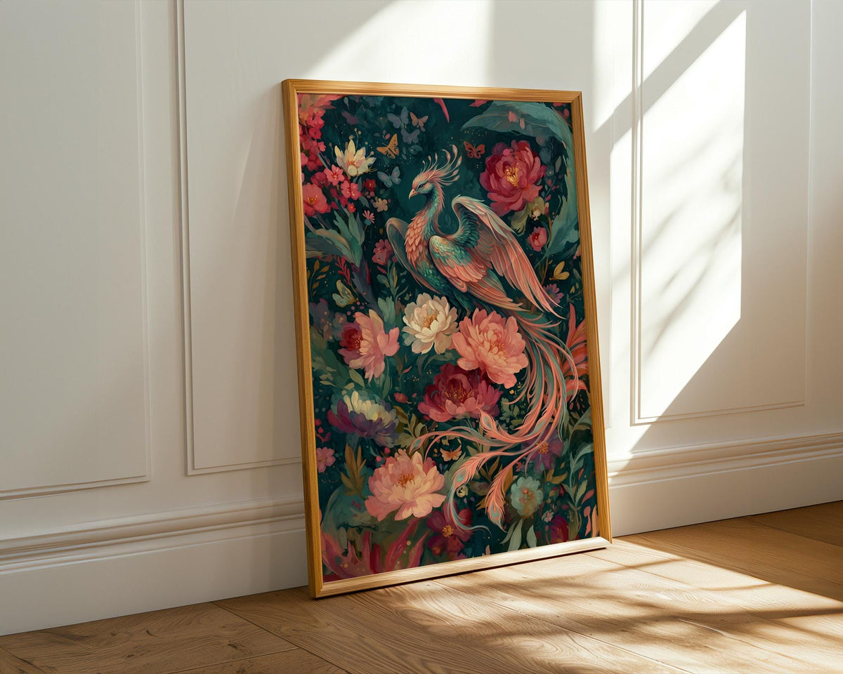 Floral Phoenix Wall Art, Fantasy Creature Print, Whimsical Phoenix in Flowers, Colorful Fairytale Illustration, Magical 
