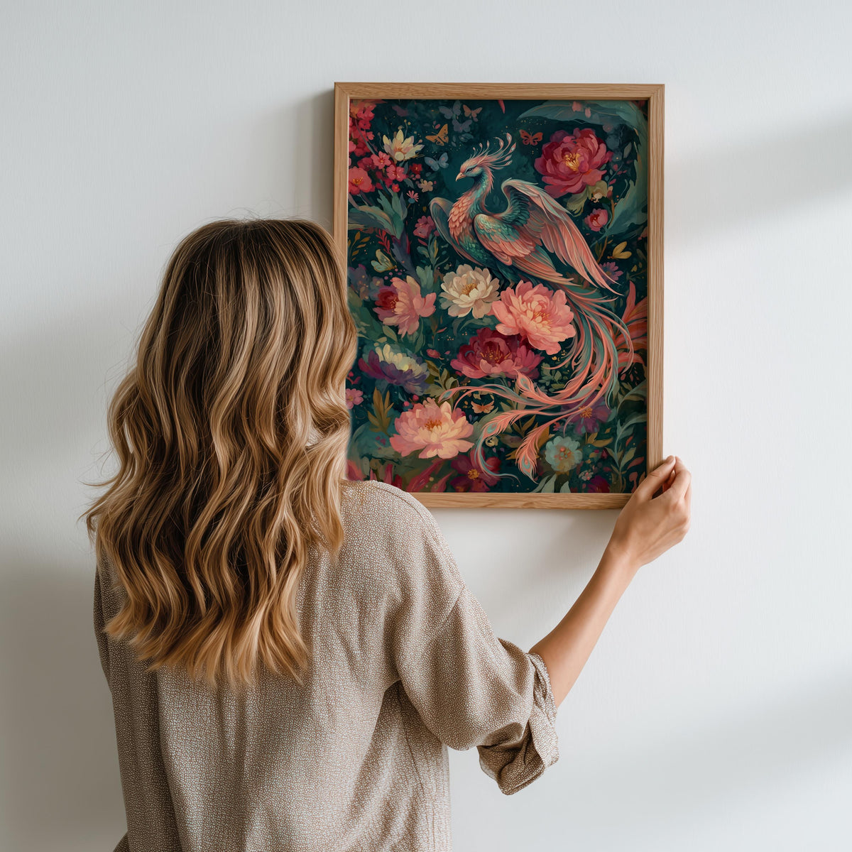 Floral Phoenix Wall Art, Fantasy Creature Print, Whimsical Phoenix in Flowers, Colorful Fairytale Illustration, Magical 