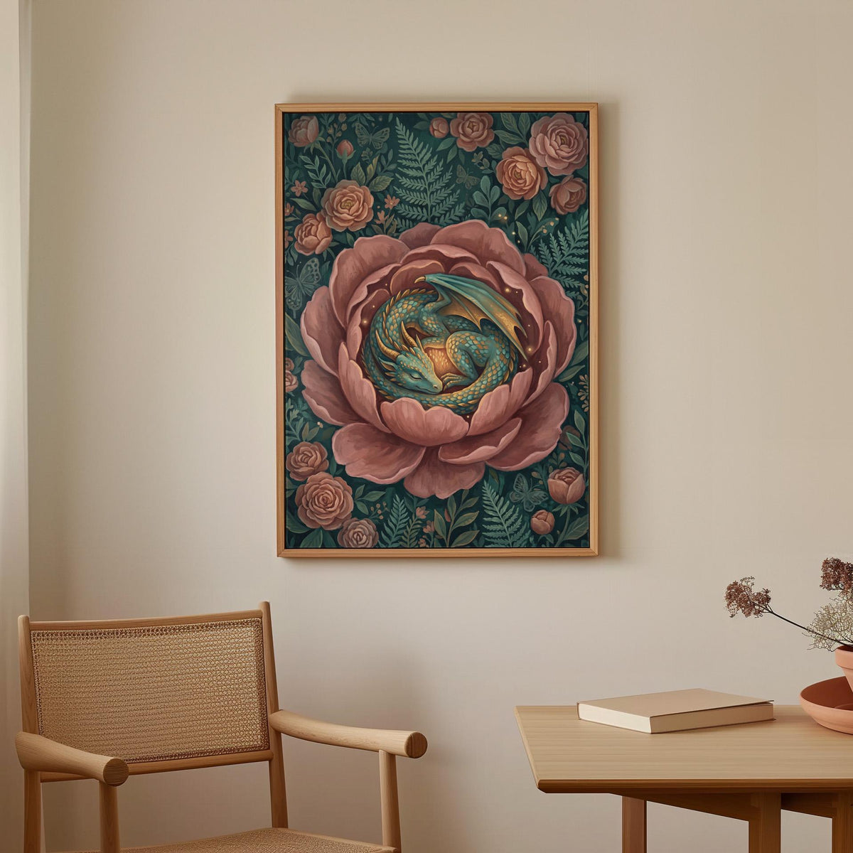 Floral Dragon Wall Art, Fantasy Creature Print, Whimsical Dragon in Flowers, Colorful Fairytale Illustration, Magical Nu