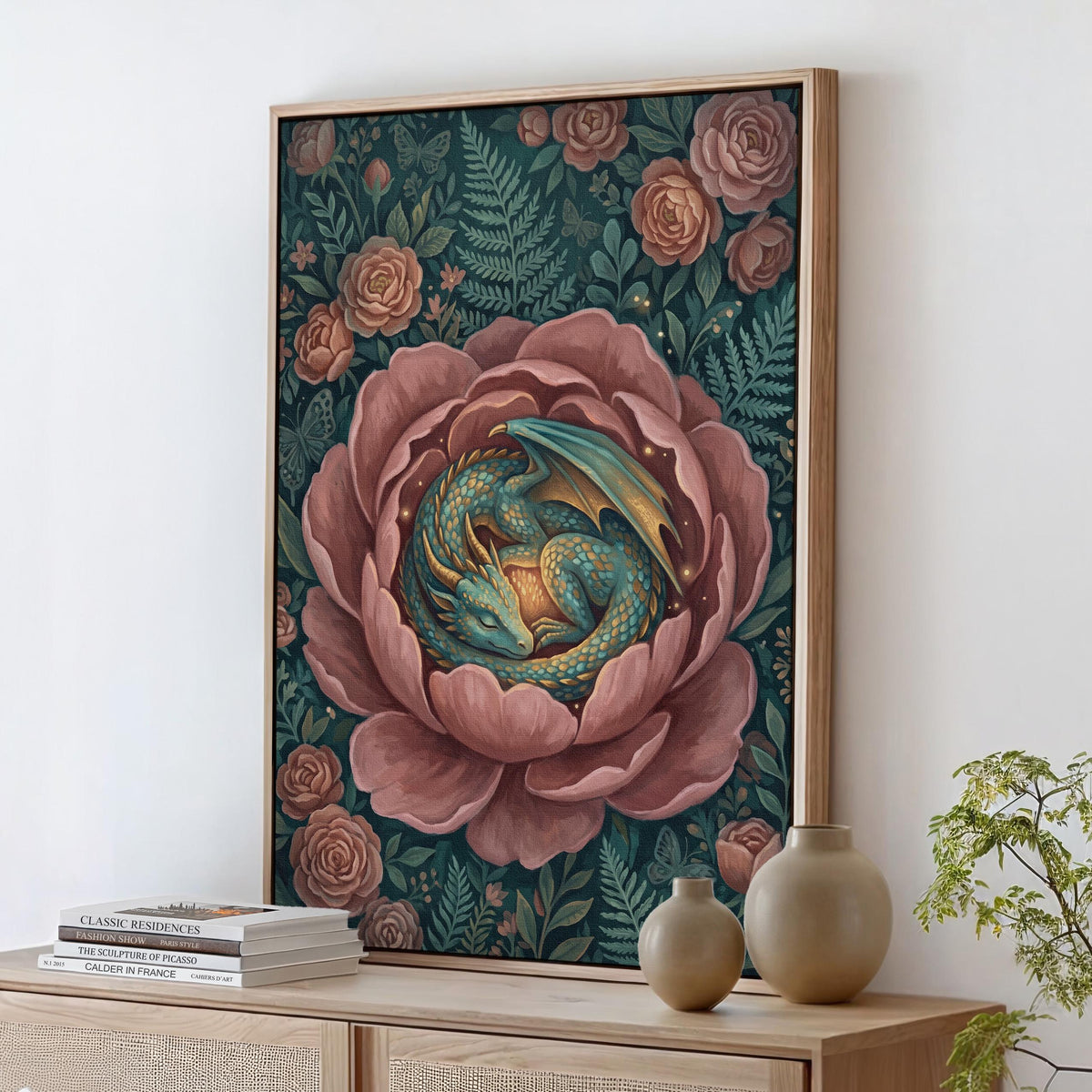 Floral Dragon Wall Art, Fantasy Creature Print, Whimsical Dragon in Flowers, Colorful Fairytale Illustration, Magical Nu