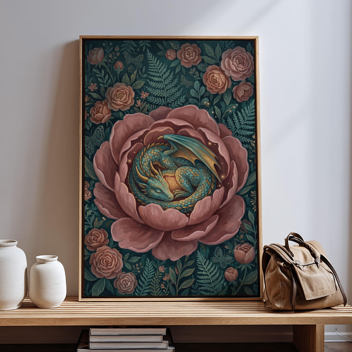 Floral Dragon Wall Art, Fantasy Creature Print, Whimsical Dragon in Flowers, Colorful Fairytale Illustration, Magical Nu