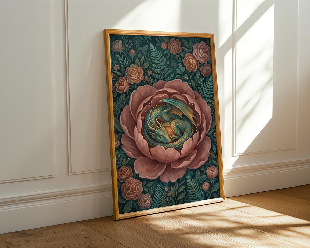 Floral Dragon Wall Art, Fantasy Creature Print, Whimsical Dragon in Flowers, Colorful Fairytale Illustration, Magical Nu