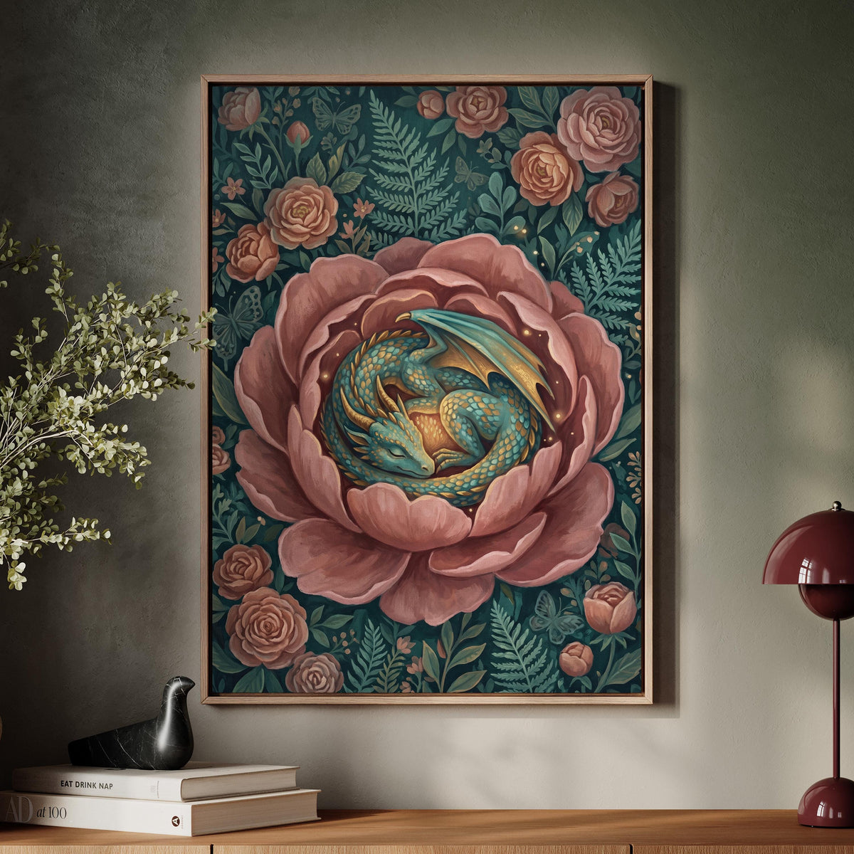 Floral Dragon Wall Art, Fantasy Creature Print, Whimsical Dragon in Flowers, Colorful Fairytale Illustration, Magical Nu