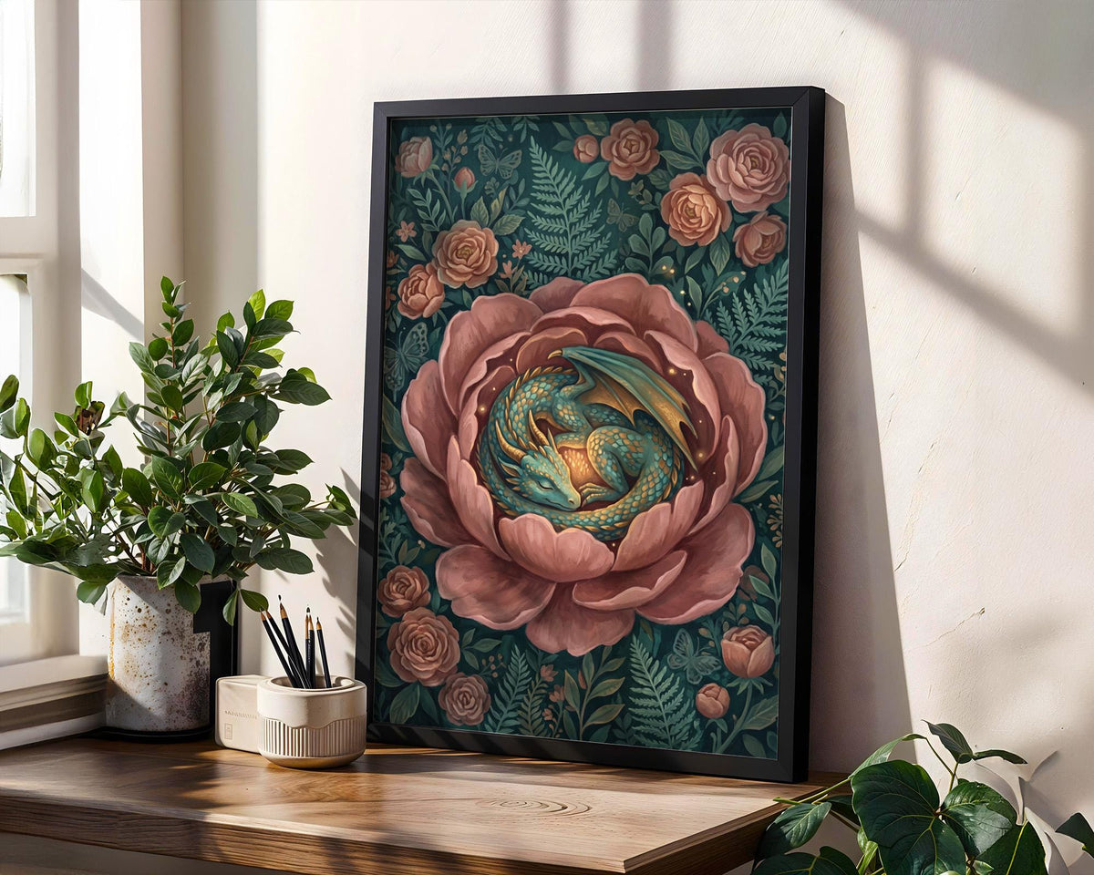 Floral Dragon Wall Art, Fantasy Creature Print, Whimsical Dragon in Flowers, Colorful Fairytale Illustration, Magical Nu