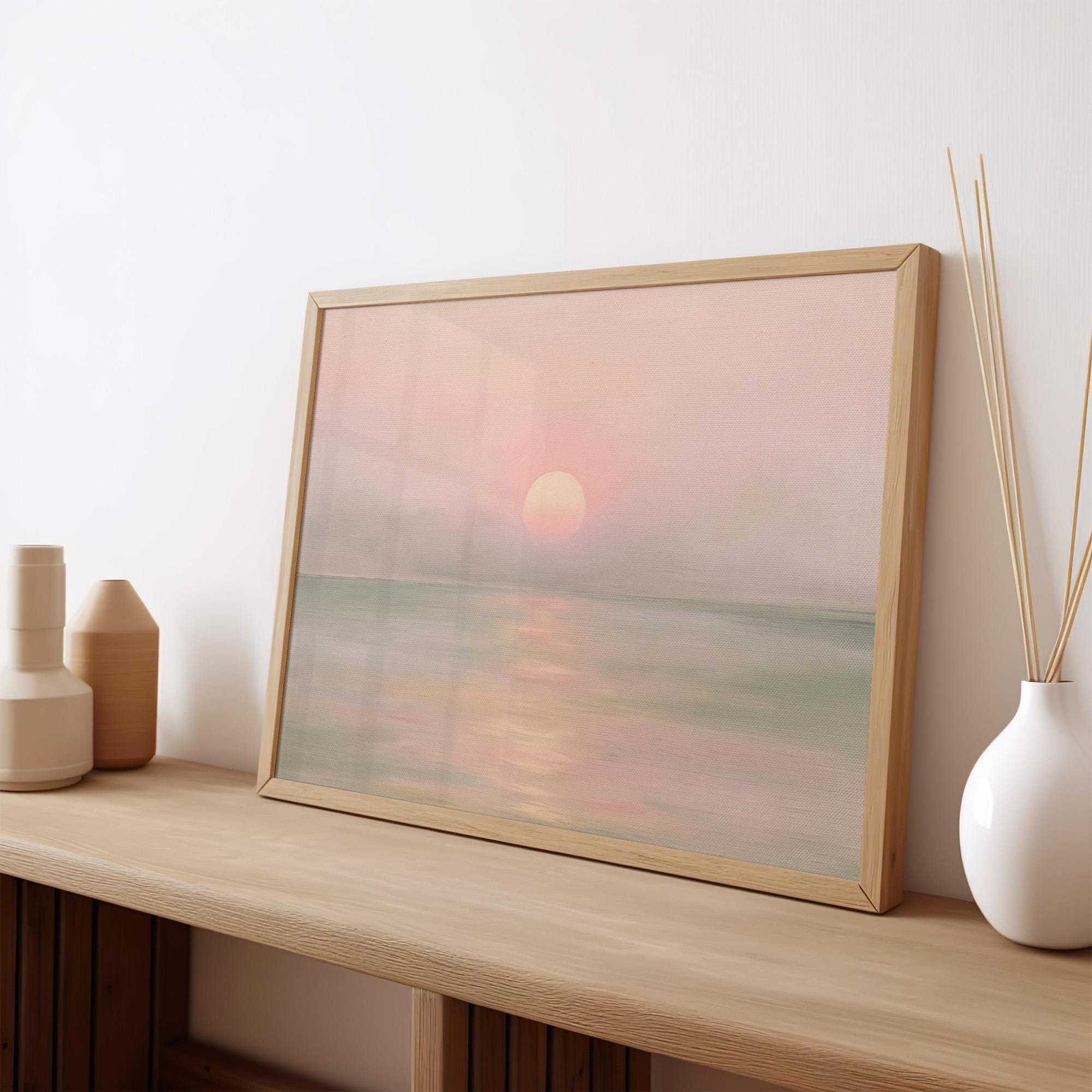 Large Framed Sunset Ocean Wall Art, Soft Pastel Pink Orange Coastal Landscape Canvas Print, Calm Sea Seascape Decor, ART