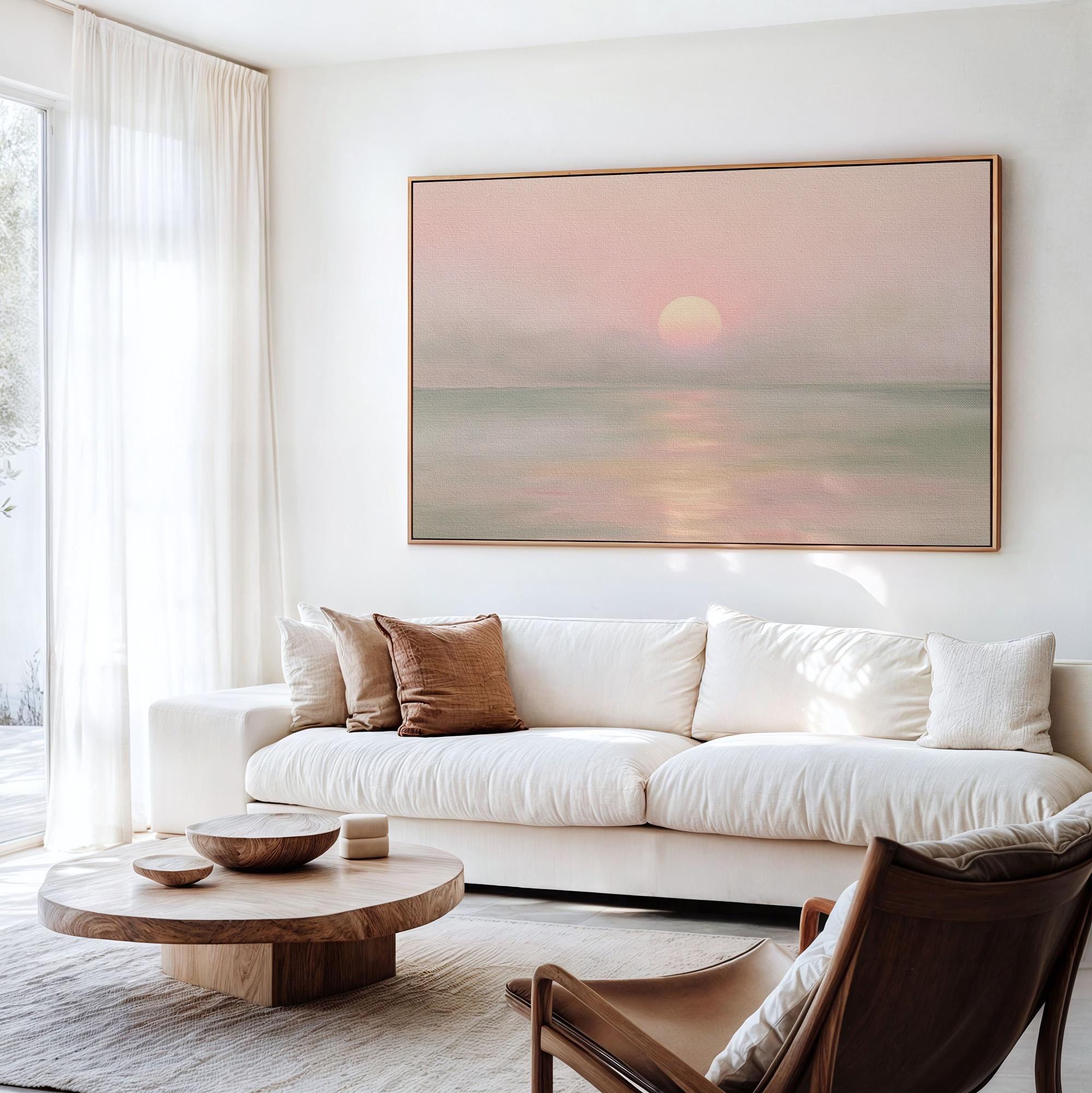 Large Framed Sunset Ocean Wall Art, Soft Pastel Pink Orange Coastal Landscape Canvas Print, Calm Sea Seascape Decor, ART