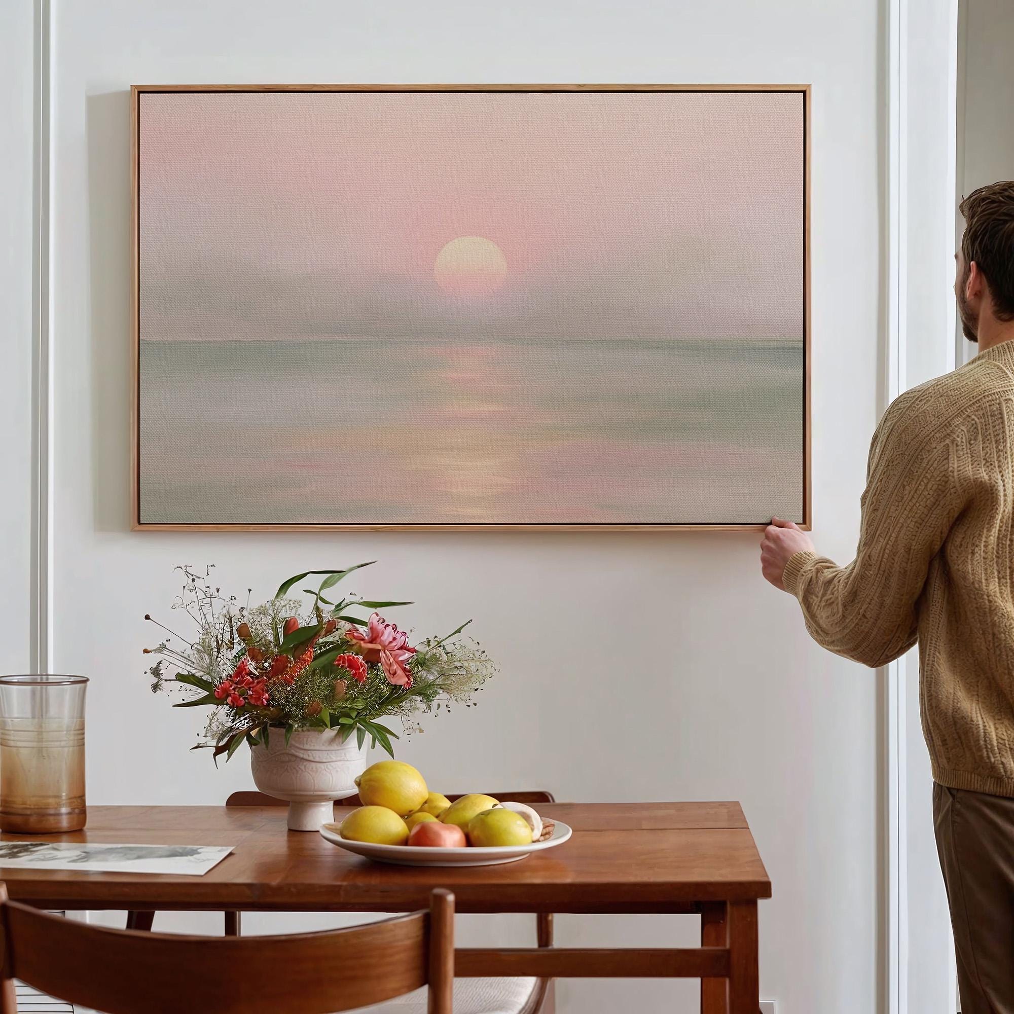 Large Framed Sunset Ocean Wall Art, Soft Pastel Pink Orange Coastal Landscape Canvas Print, Calm Sea Seascape Decor, ART